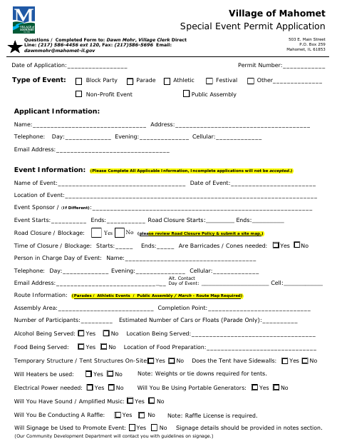 First page of the Special Event Permit Application
