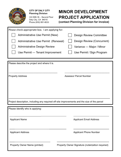 First page of the Minor Development Project Application