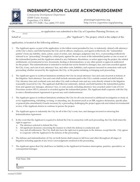 First page of the Indemnification Clause Acknowledgement