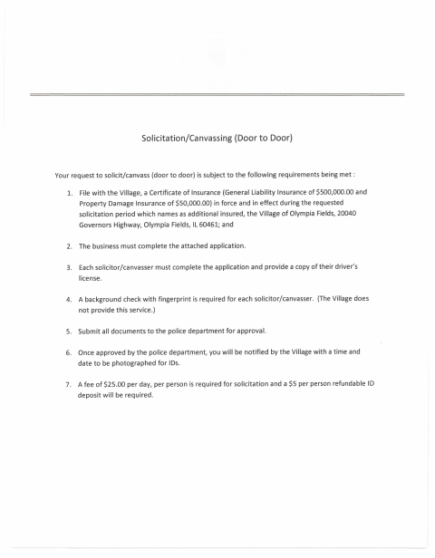 First page of the Solicitation/Canvassing (Door to Door)