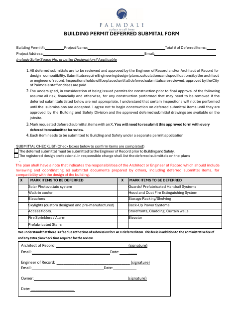 First page of the Building Permit Deferred Submittal Form