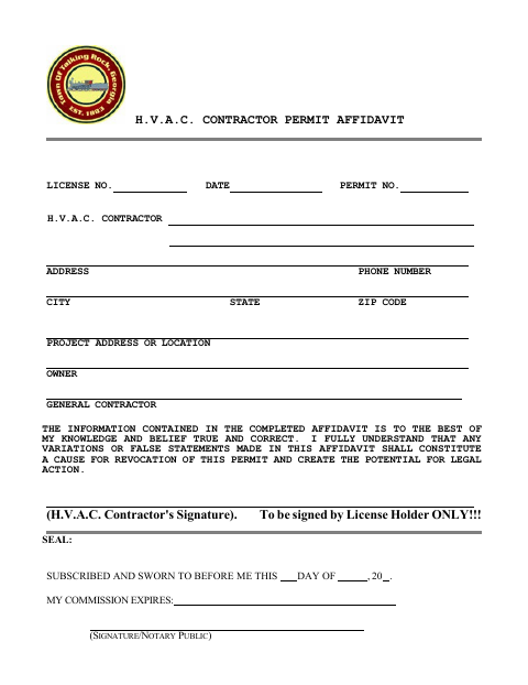First page of the HVAC Contractor Permit Affidavit