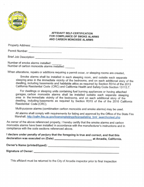 First page of the Smoke and CO2 Detector Affidavit