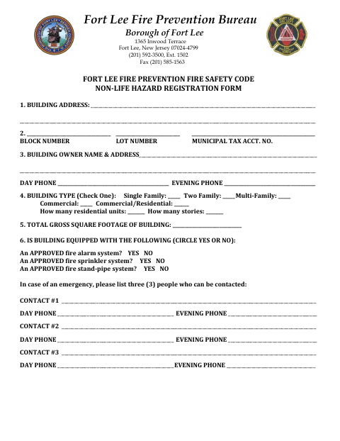First page of the Fire Safety Code Non-Life Hazard Registration Form