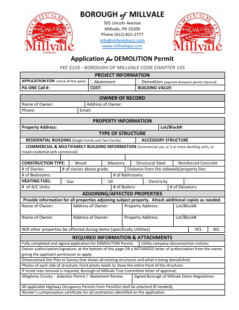 First page of the Demolition Permit Application