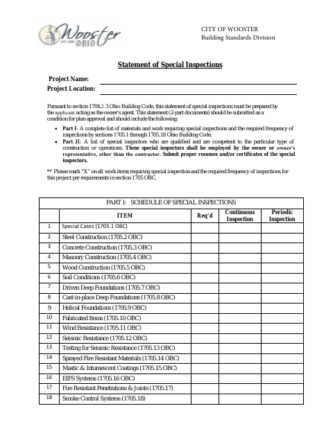First page of the Statement of Special Inspections