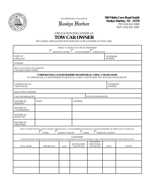 First page of the Tow Car Owner and Vehicle License Application