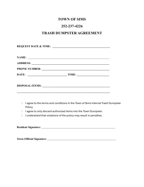 First page of the Dumpster User Agreement