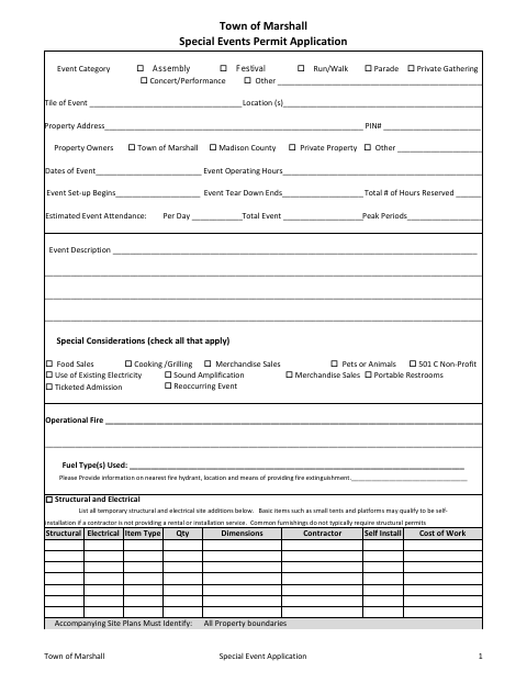 First page of the Special Events Permit Application