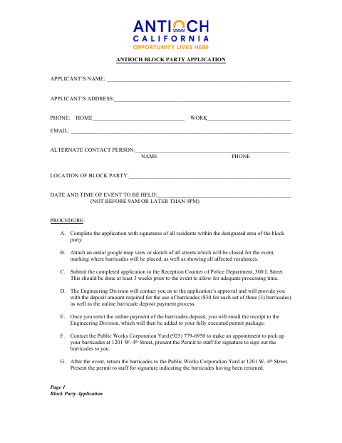 First page of the Block Party Application