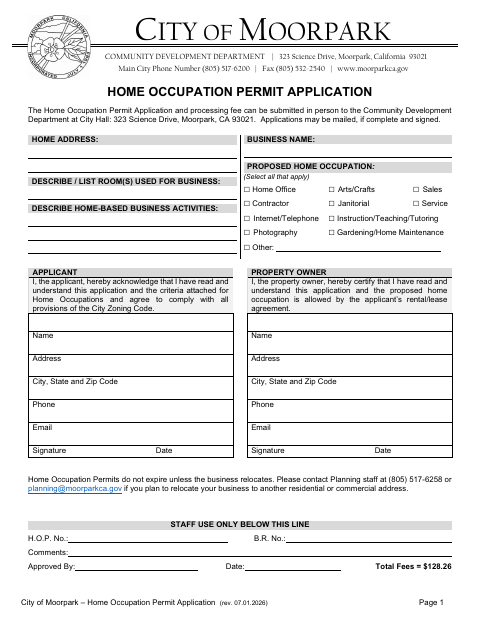 First page of the Home Occupation Permit Application