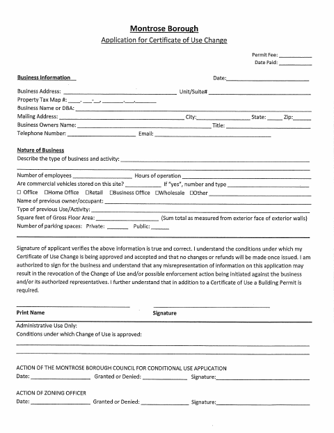 First page of the Application for Certificate of Use Change