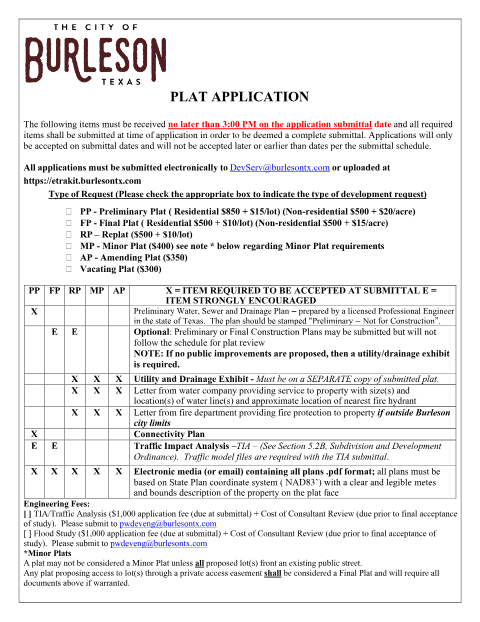 First page of the Plat Application