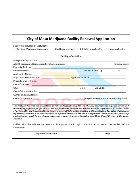 First page of the Marijuana Facility Renewal Application