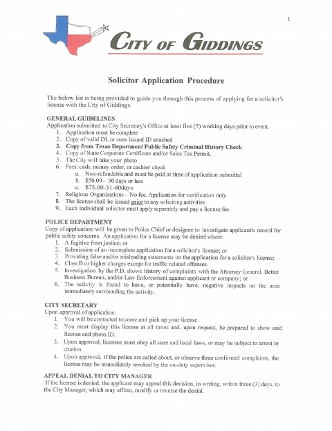 First page of the Solicitor Permit Application