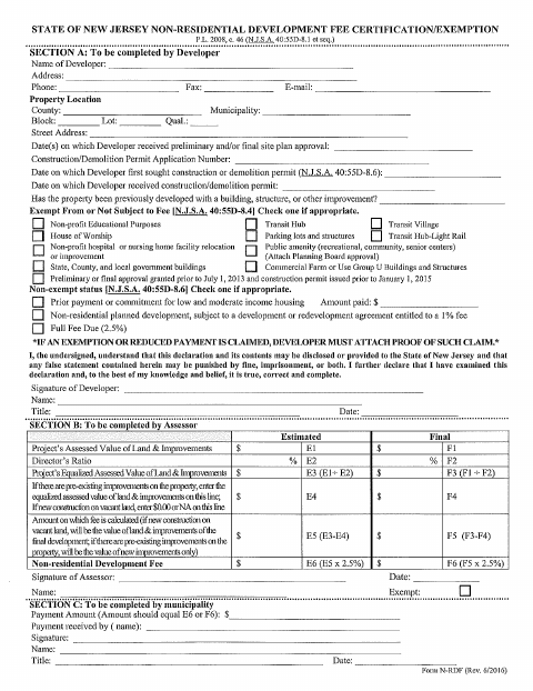 First page of the Non-Residential Development Fee Certification/Exemption Form