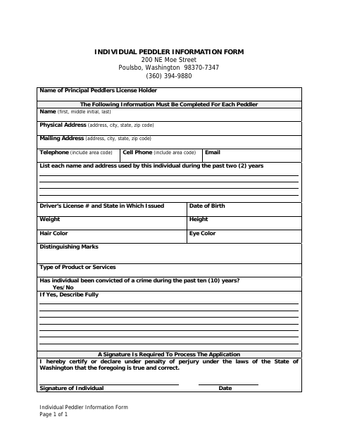 First page of the Individual Peddler Information Form