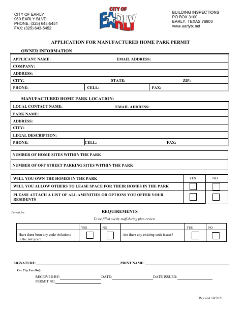First page of the Application for Manufactured Home Park Permit