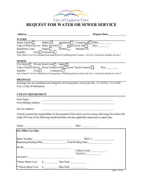 First page of the Request for Water or Sewer Service