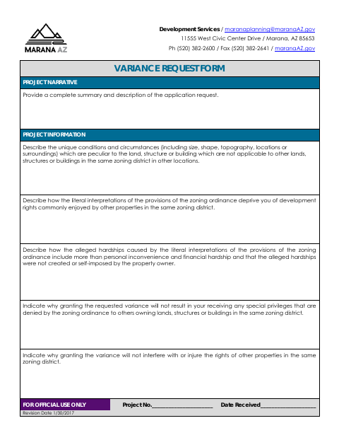 First page of the Variance Request Form