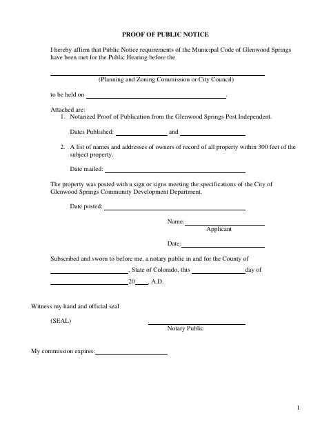 First page of the Proof of Public Notice Affidavit