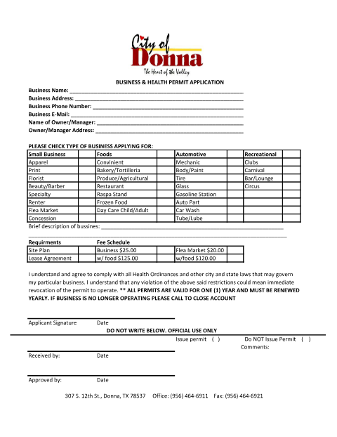 First page of the Business/Vendor Permit Application