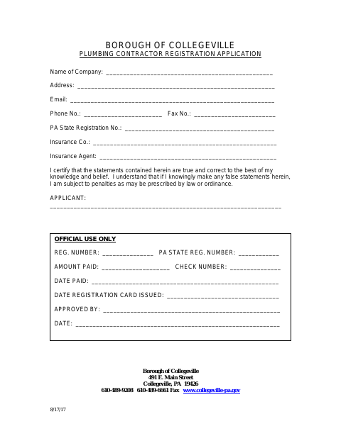 First page of the Plumbing Contractor Registration Application