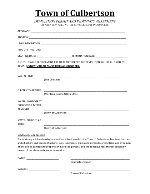 First page of the Demolition Permit and Indemnity Agreement