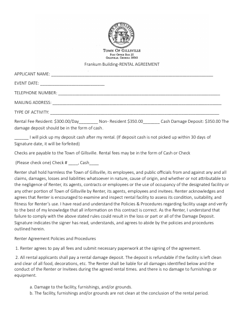 First page of the Frankum Building Rental Agreement