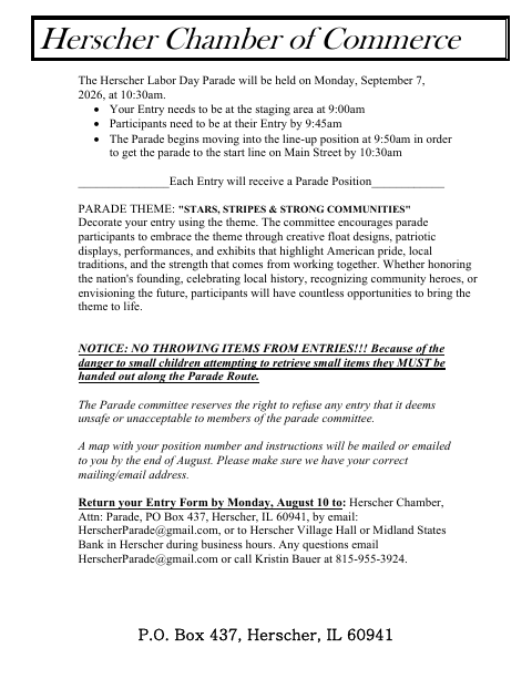 First page of the Herscher Labor Day Parade Entry Application