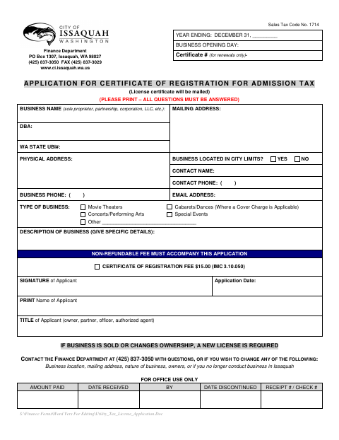 First page of the Application for Certificate of Registration for Admission Tax