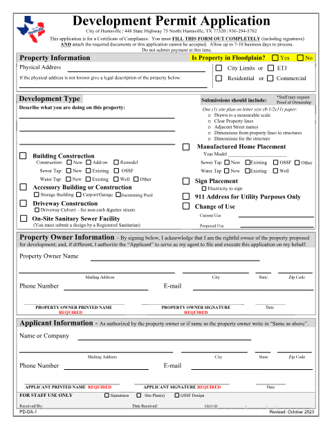 First page of the Development Permit Application (Certificate of Compliance)