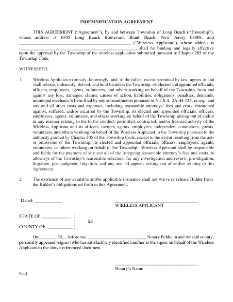 First page of the Wireless Applicant Indemnification Agreement