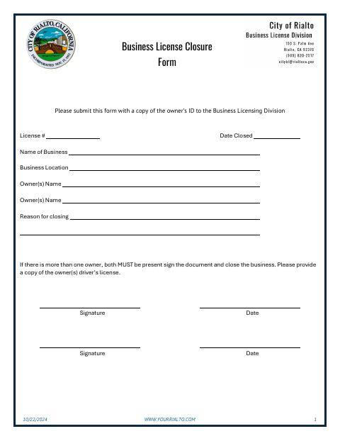 First page of the Business License Closure Form
