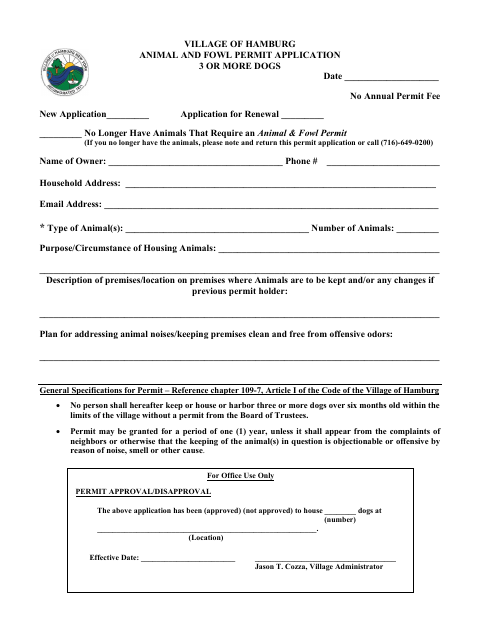 First page of the Animal and Fowl Permit Application for Three or More Dogs
