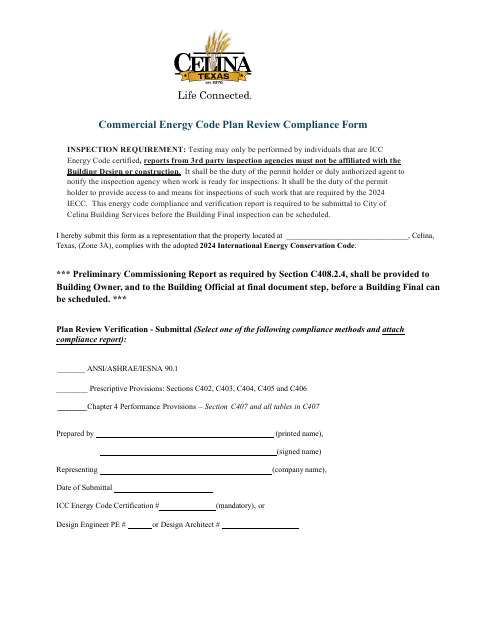 First page of the Commercial Energy Code Plan Review Compliance Form