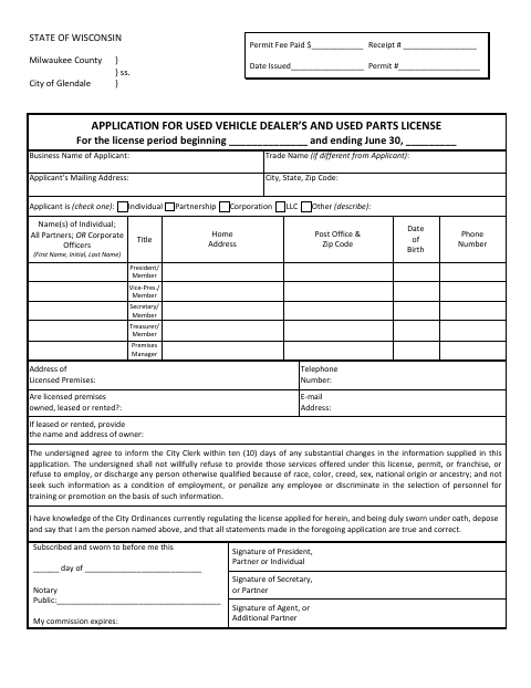 First page of the Used Vehicle Dealer’s and Used Parts License Application