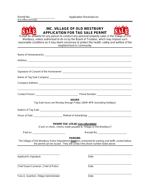 First page of the Application for Tag Sale Permit