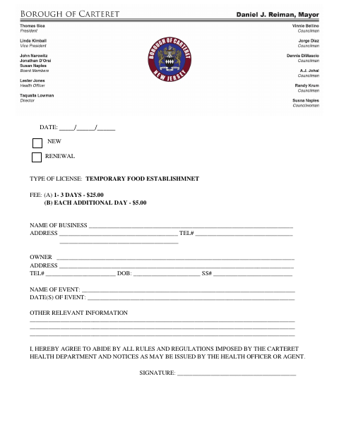 First page of the Temporary Food Establishment License