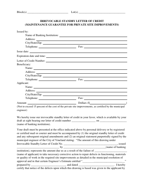 First page of the Irrevocable Standby Letter of Credit (Maintenance Guarantee for Private Site Improvements)