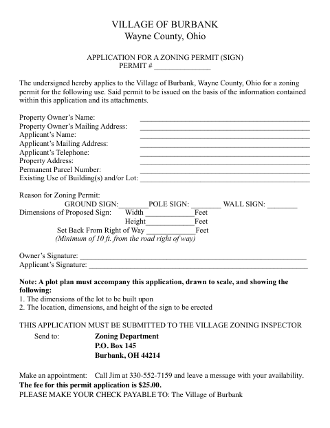 First page of the Application for a Zoning Permit (Sign)