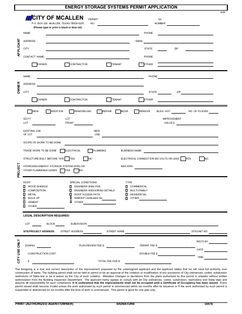 First page of the Energy Storage Systems Permit Application