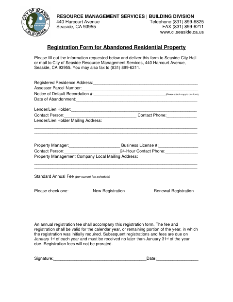 First page of the Registration Form for Abandoned Residential Property
