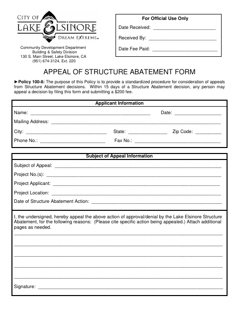 First page of the Appeal of Structure Abatement Form