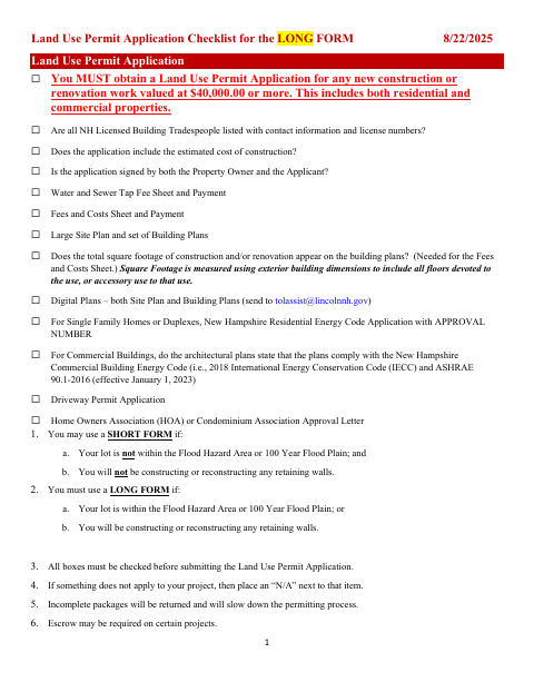 First page of the Long Form Land Use Permit Application