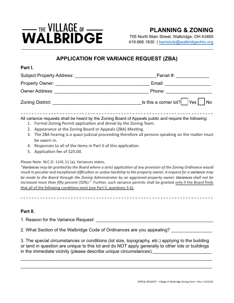 First page of the Application for Variance Request