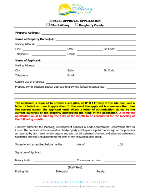 First page of the Special Approval Application