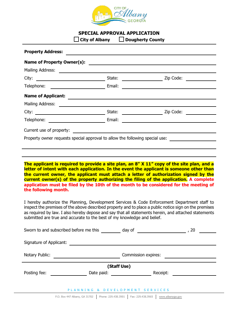 First page of the Special Approval Application