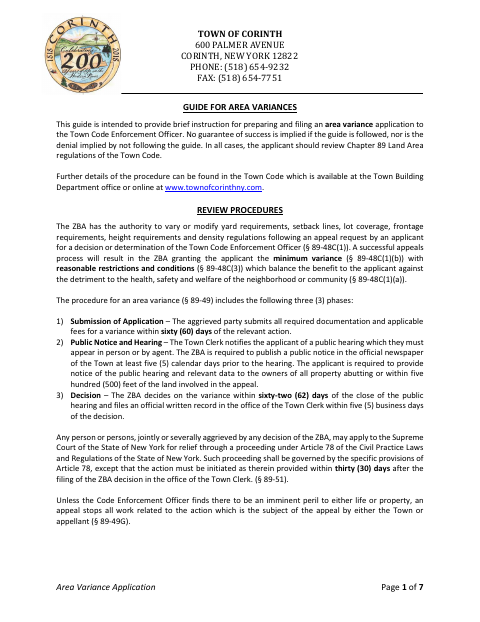 First page of the Area Variance Application