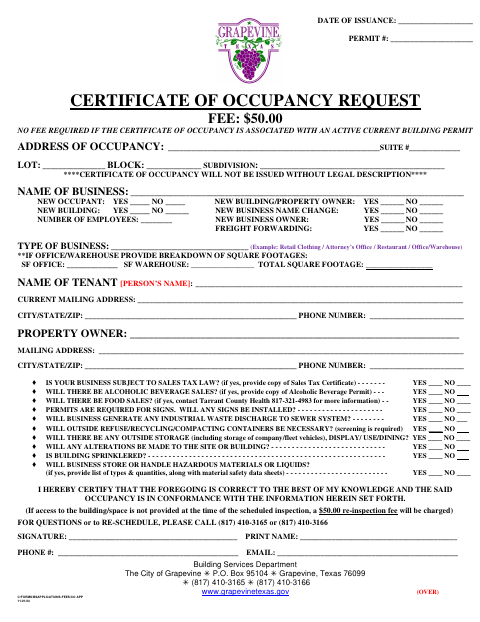 First page of the Certificate of Occupancy Request